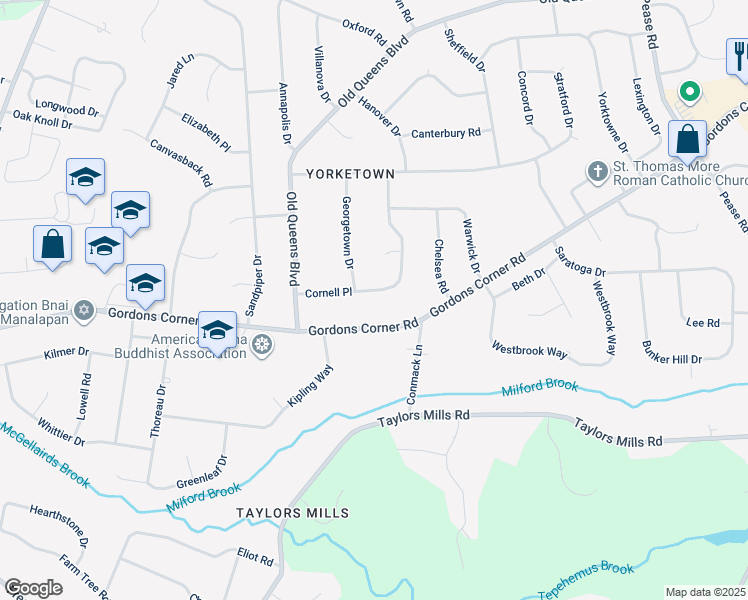 map of restaurants, bars, coffee shops, grocery stores, and more near 18 Cornell Place in Manalapan Township
