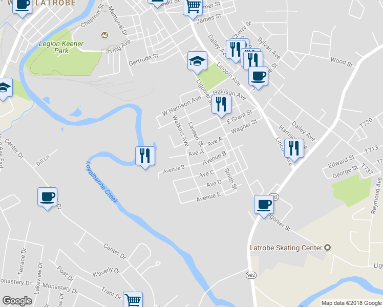 map of restaurants, bars, coffee shops, grocery stores, and more near 175 Avenue A in Latrobe