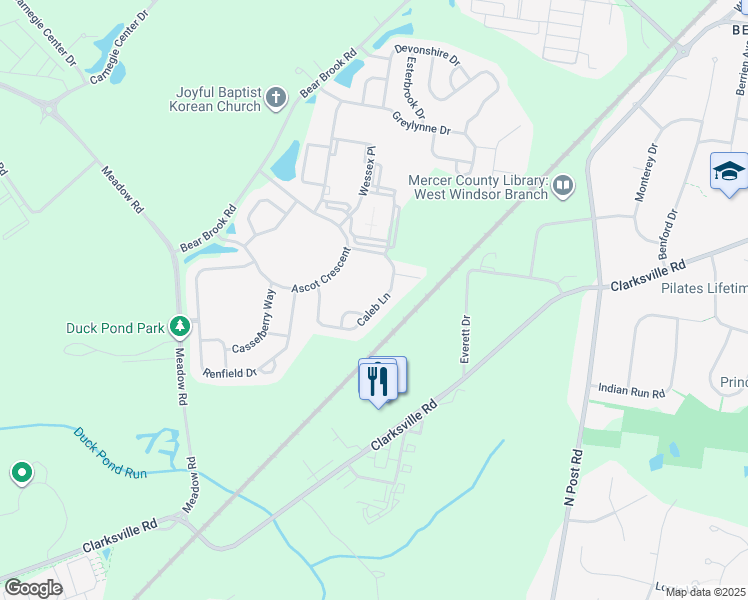 map of restaurants, bars, coffee shops, grocery stores, and more near 62 Caleb Lane in Princeton