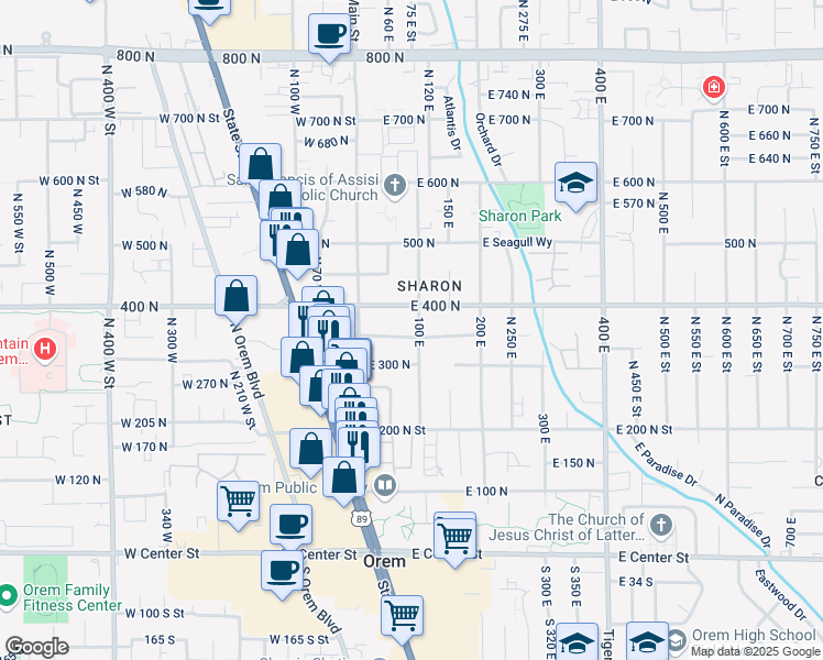 map of restaurants, bars, coffee shops, grocery stores, and more near 95 350 North in Orem
