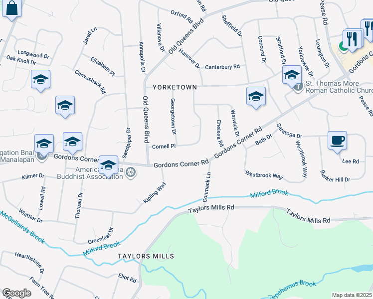 map of restaurants, bars, coffee shops, grocery stores, and more near 18 Cornell Place in Manalapan Township