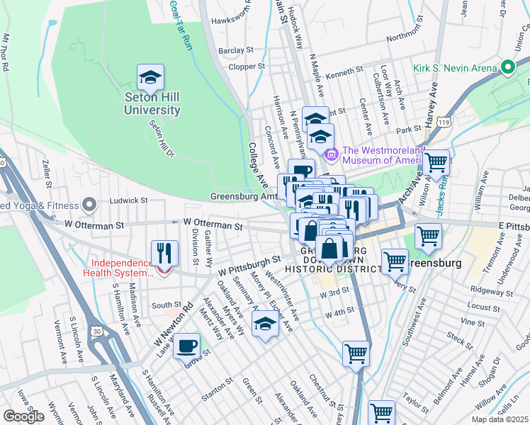 map of restaurants, bars, coffee shops, grocery stores, and more near 240 Brown Street in Greensburg
