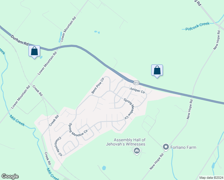 map of restaurants, bars, coffee shops, grocery stores, and more near 595 Spring Meadow Circle in New Hope