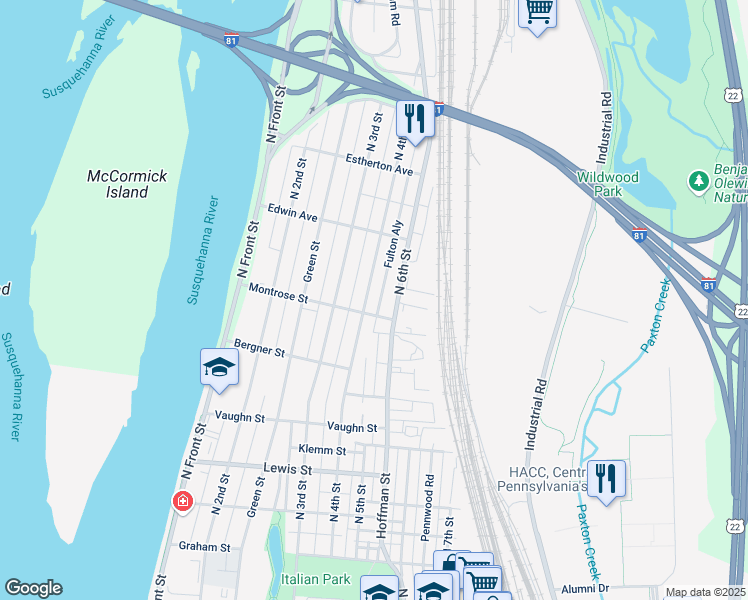 map of restaurants, bars, coffee shops, grocery stores, and more near 3505 North 4th Street in Harrisburg