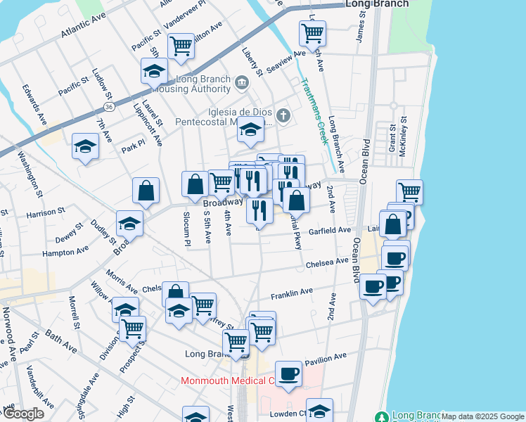 map of restaurants, bars, coffee shops, grocery stores, and more near 22 3rd Avenue in Long Branch