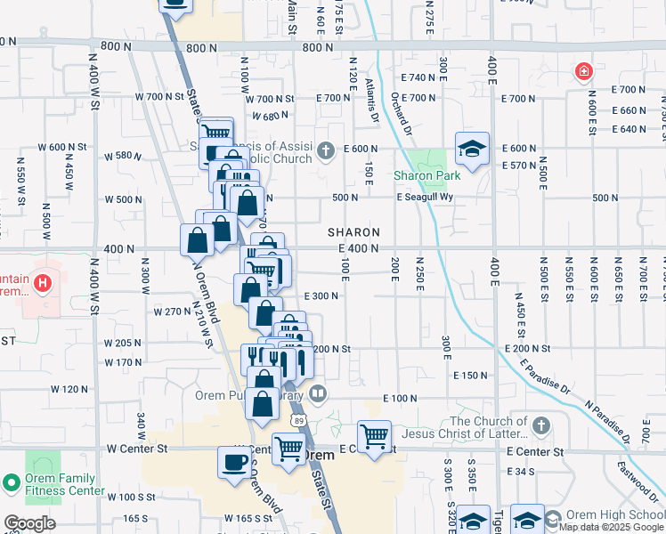 map of restaurants, bars, coffee shops, grocery stores, and more near 54 350 North in Orem
