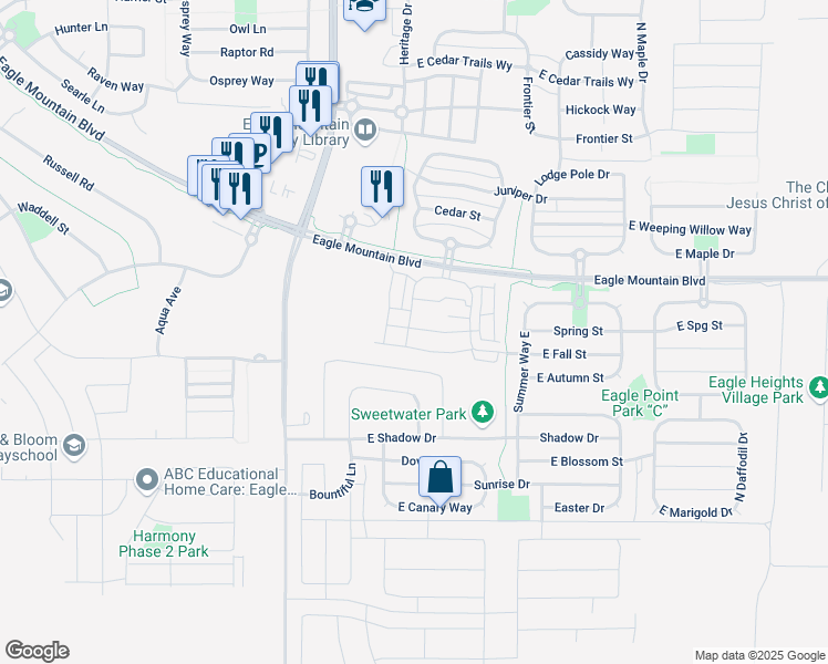 map of restaurants, bars, coffee shops, grocery stores, and more near 1705 East Tumwater Lane in Eagle Mountain