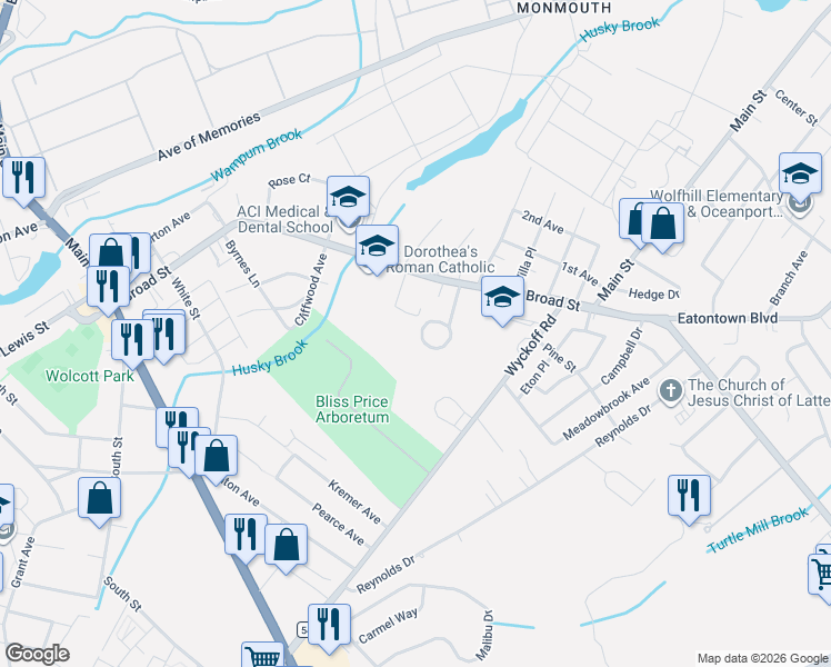 map of restaurants, bars, coffee shops, grocery stores, and more near 17 Elizabeth Parkway in Eatontown