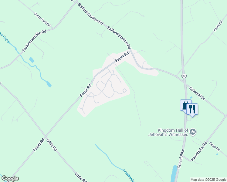 map of restaurants, bars, coffee shops, grocery stores, and more near 1198 Pin Oak Drive in Perkiomenville