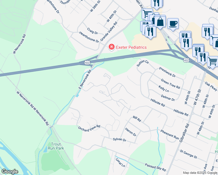 map of restaurants, bars, coffee shops, grocery stores, and more near 30-1 Wister Way in Reading