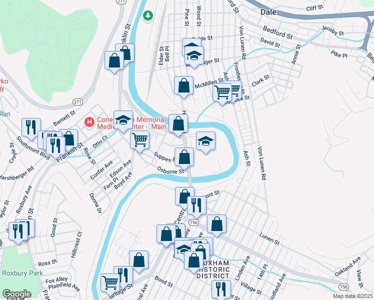 map of restaurants, bars, coffee shops, grocery stores, and more near 222 Central Avenue in Johnstown