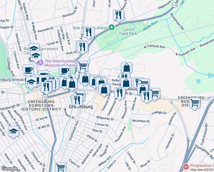 map of restaurants, bars, coffee shops, grocery stores, and more near 505 East Pittsburgh Street in Greensburg