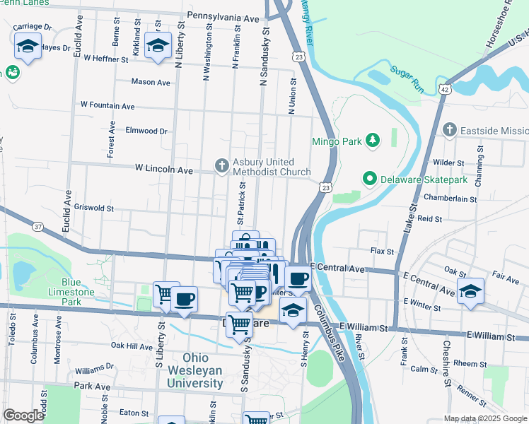map of restaurants, bars, coffee shops, grocery stores, and more near 150 North Sandusky Street in Delaware