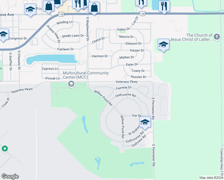 map of restaurants, bars, coffee shops, grocery stores, and more near 603 Birdie Drive in Rantoul