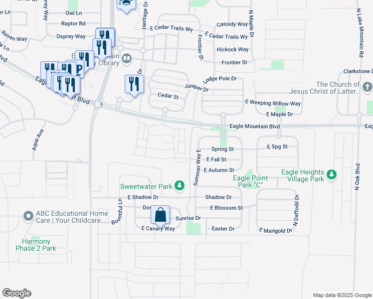 map of restaurants, bars, coffee shops, grocery stores, and more near 3894 North Cougar Lane in Eagle Mountain