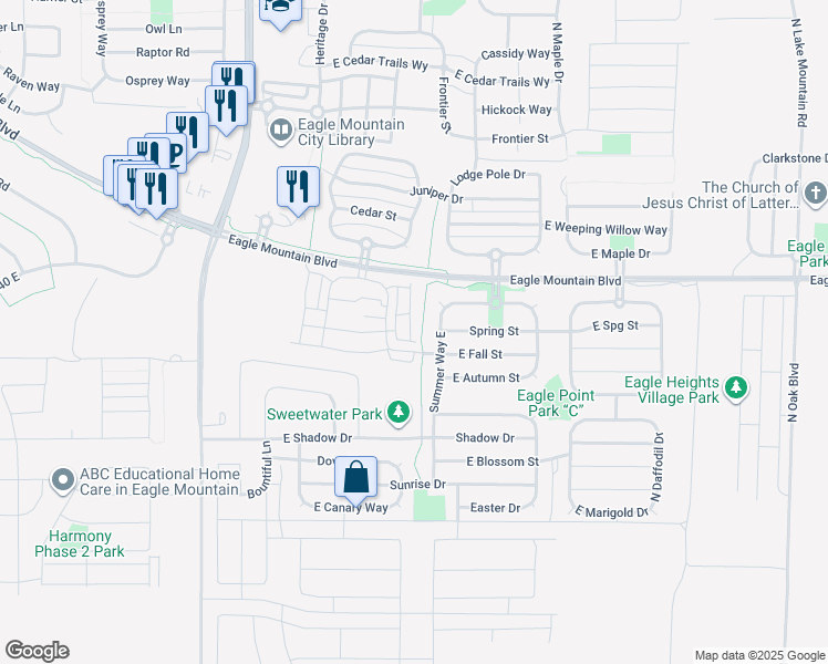 map of restaurants, bars, coffee shops, grocery stores, and more near 3894 North Cougar Lane in Eagle Mountain
