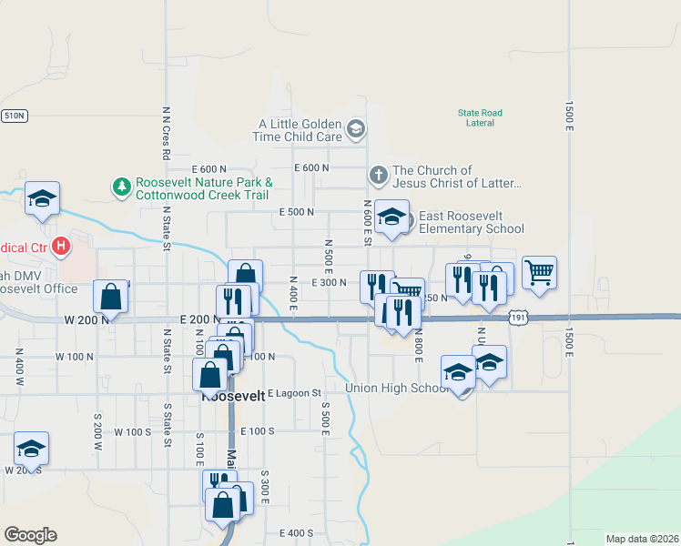 map of restaurants, bars, coffee shops, grocery stores, and more near 580 East 300 North in Roosevelt
