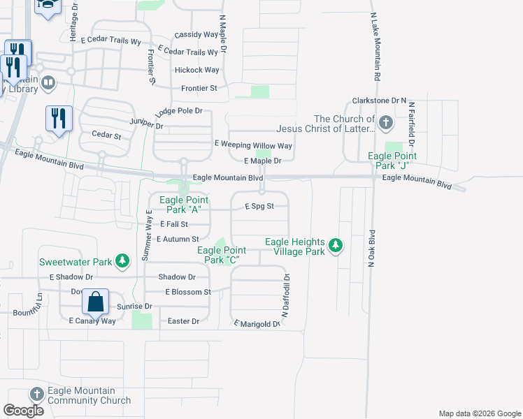map of restaurants, bars, coffee shops, grocery stores, and more near 2344 East Spring Street in Eagle Mountain