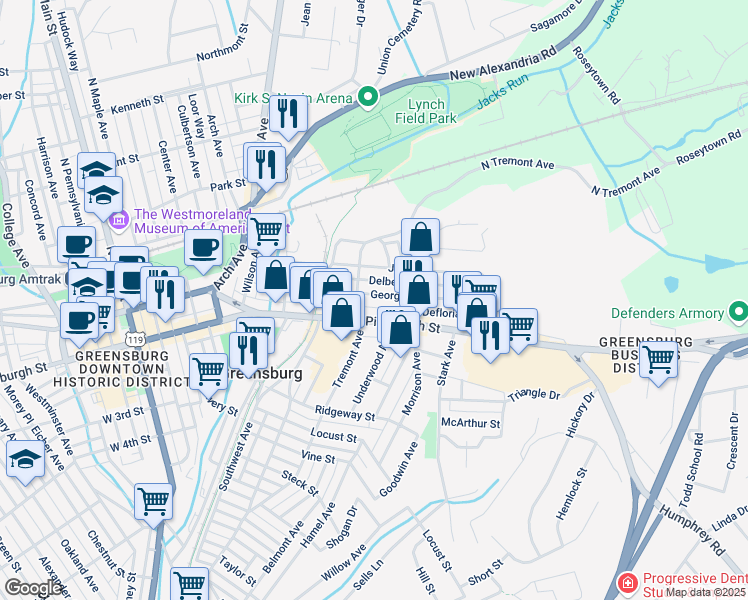 map of restaurants, bars, coffee shops, grocery stores, and more near 518 George Street in Greensburg