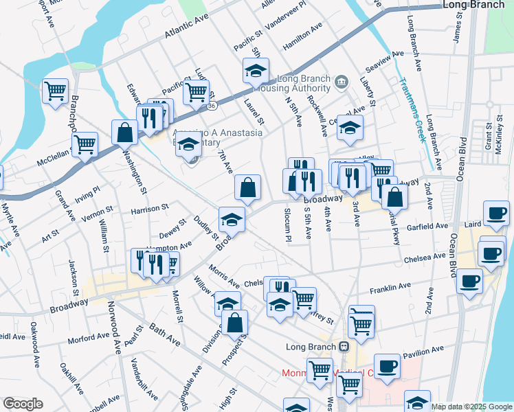 map of restaurants, bars, coffee shops, grocery stores, and more near 344 Broadway in Long Branch