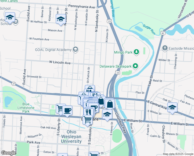 map of restaurants, bars, coffee shops, grocery stores, and more near 150 North Sandusky Street in Delaware