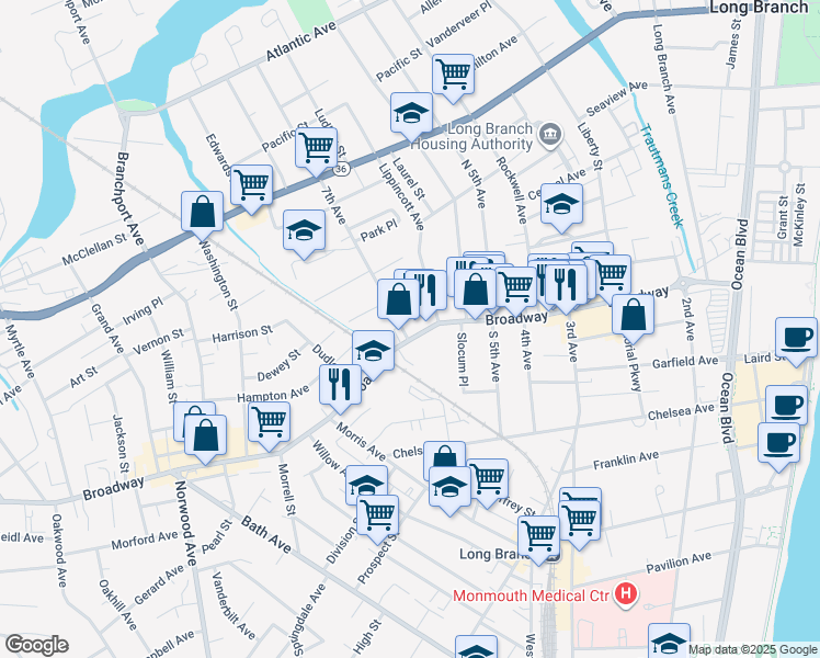 map of restaurants, bars, coffee shops, grocery stores, and more near 344 Broadway in Long Branch