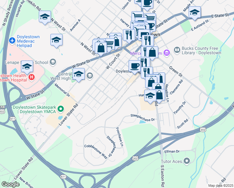 map of restaurants, bars, coffee shops, grocery stores, and more near 230 W Ashland St in Doylestown