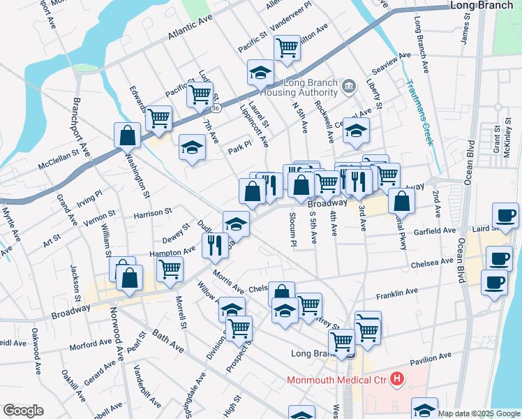 map of restaurants, bars, coffee shops, grocery stores, and more near 351 Broadway in Long Branch