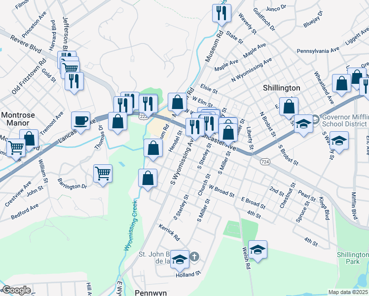 map of restaurants, bars, coffee shops, grocery stores, and more near 52 South Wyomissing Avenue in Shillington