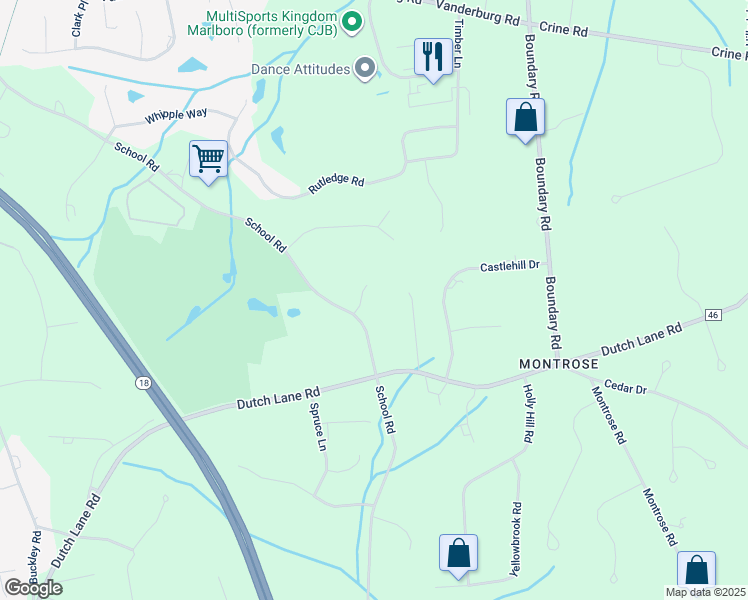map of restaurants, bars, coffee shops, grocery stores, and more near 2 Foursome Drive in Marlboro Township