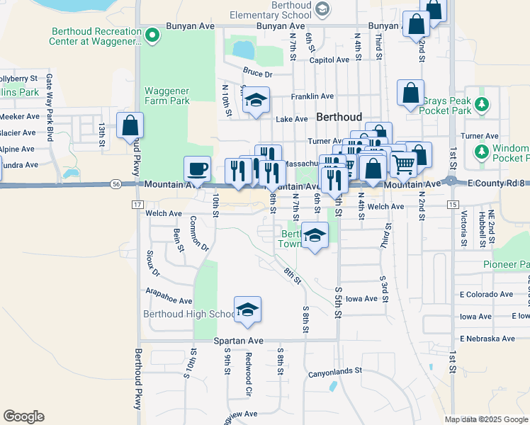 map of restaurants, bars, coffee shops, grocery stores, and more near 832 Gentlewind Way in Berthoud