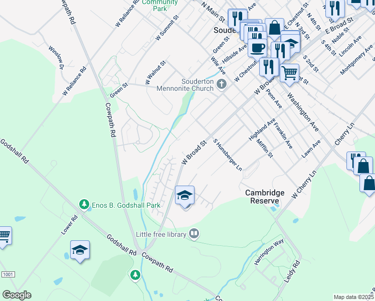 map of restaurants, bars, coffee shops, grocery stores, and more near 364 West Broad Street in Souderton