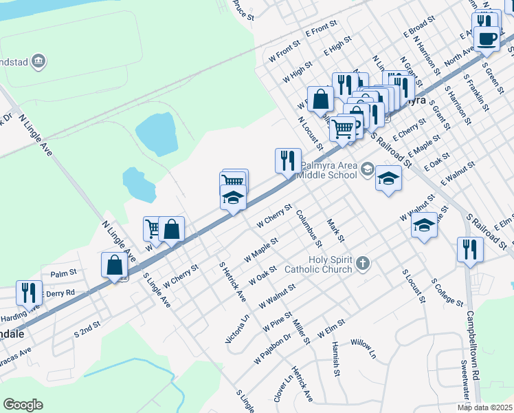 map of restaurants, bars, coffee shops, grocery stores, and more near 523 West Cherry Street in Palmyra