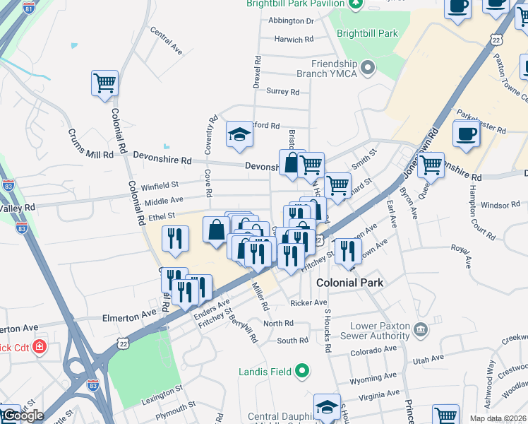 map of restaurants, bars, coffee shops, grocery stores, and more near 18 Care Street in Harrisburg