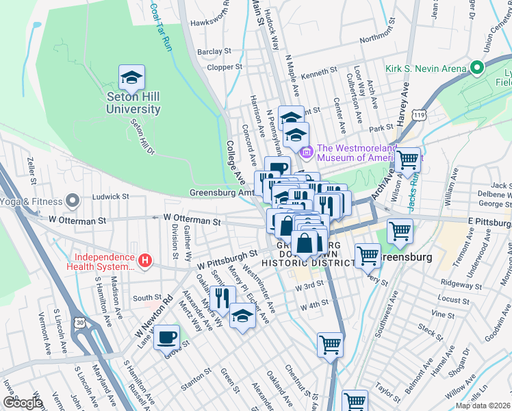 map of restaurants, bars, coffee shops, grocery stores, and more near 118 College Avenue in Greensburg