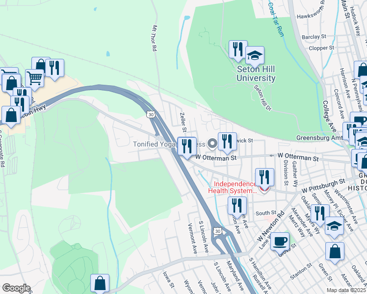 map of restaurants, bars, coffee shops, grocery stores, and more near 769 West Otterman Street in Greensburg