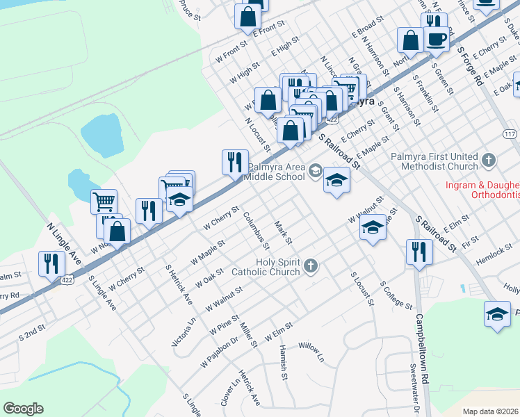 map of restaurants, bars, coffee shops, grocery stores, and more near 307 West Maple Street in Palmyra
