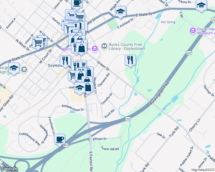 map of restaurants, bars, coffee shops, grocery stores, and more near 89 Homestead Drive in Doylestown