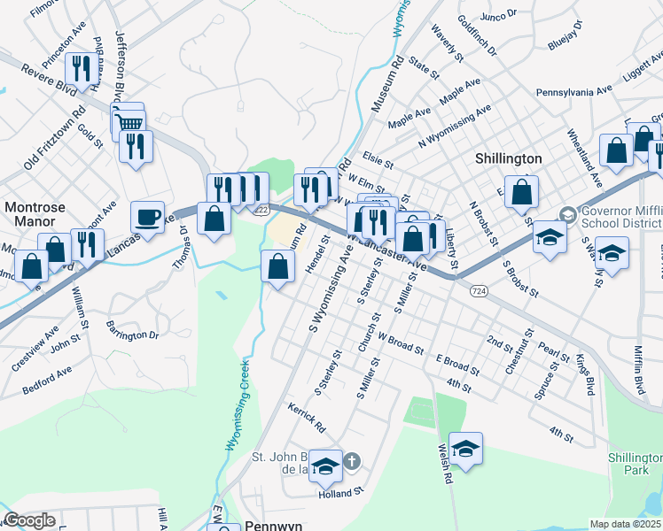 map of restaurants, bars, coffee shops, grocery stores, and more near 52 South Wyomissing Avenue in Shillington