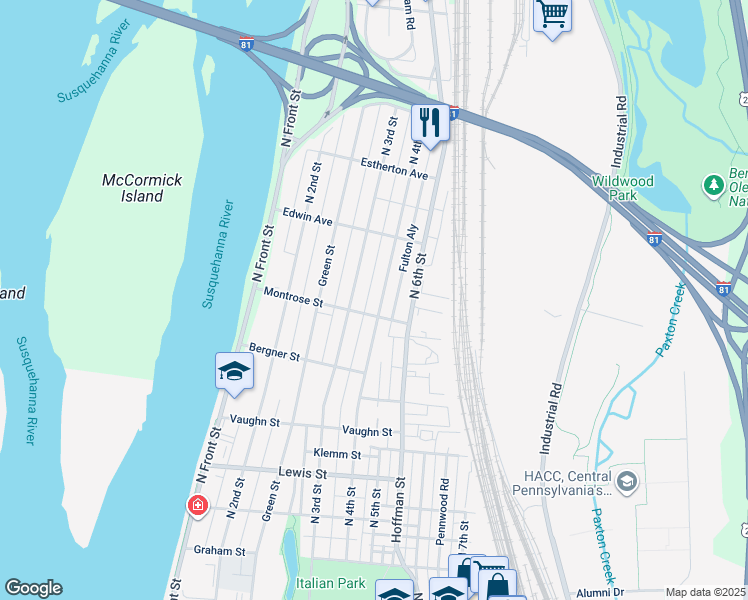 map of restaurants, bars, coffee shops, grocery stores, and more near 3506 North 4th Street in Harrisburg