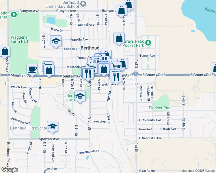 map of restaurants, bars, coffee shops, grocery stores, and more near 302 Bimson Avenue in Berthoud