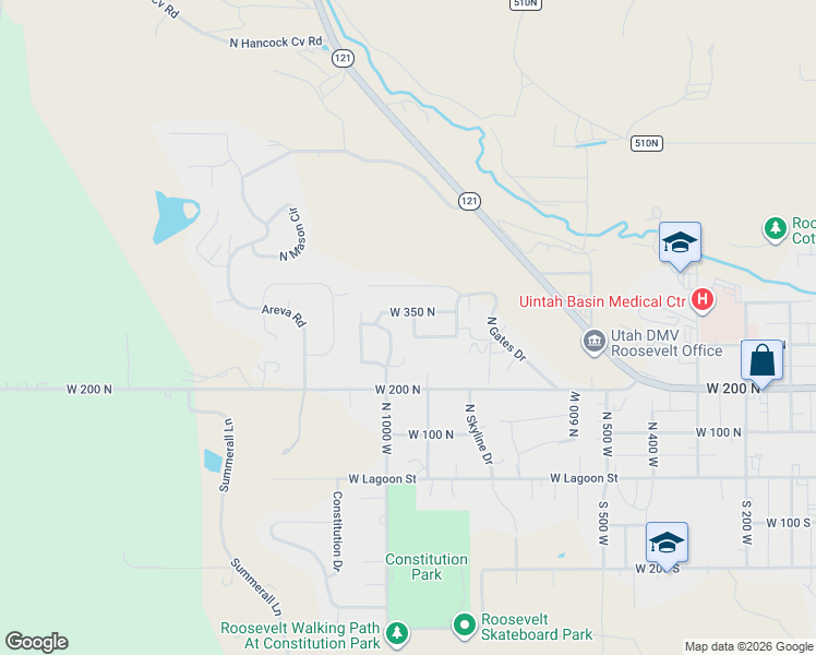 map of restaurants, bars, coffee shops, grocery stores, and more near 336 North 950 West in Roosevelt
