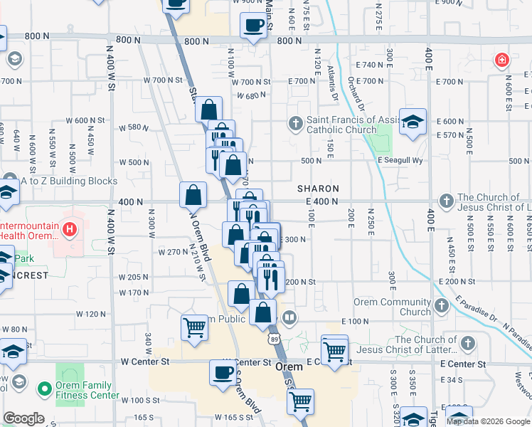 map of restaurants, bars, coffee shops, grocery stores, and more near 42 West 300 North in Orem