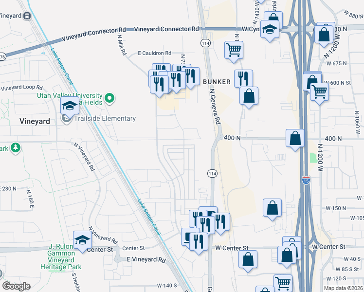 map of restaurants, bars, coffee shops, grocery stores, and more near 702 East 355 North in Vineyard