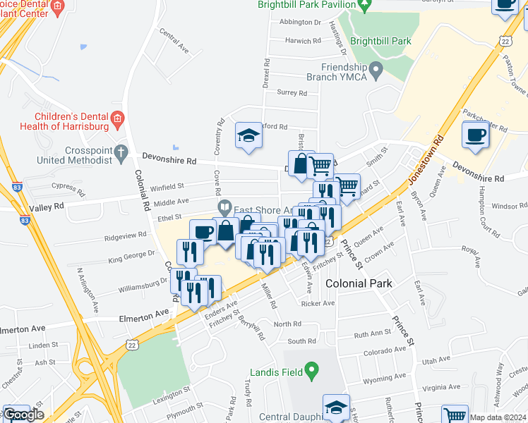 map of restaurants, bars, coffee shops, grocery stores, and more near 4599 Ethel Street in Harrisburg