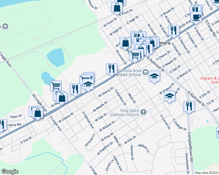 map of restaurants, bars, coffee shops, grocery stores, and more near 399 West Cherry Street in Palmyra