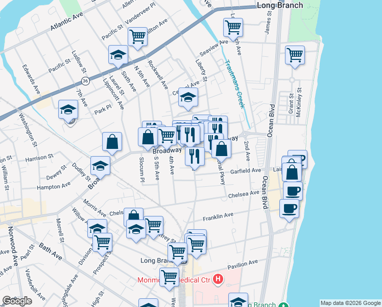 map of restaurants, bars, coffee shops, grocery stores, and more near 22 3rd Avenue in Long Branch