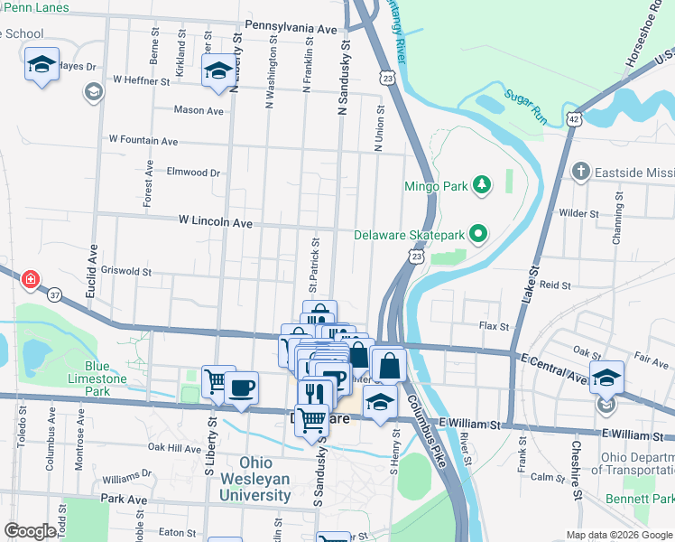 map of restaurants, bars, coffee shops, grocery stores, and more near 150 North Sandusky Street in Delaware