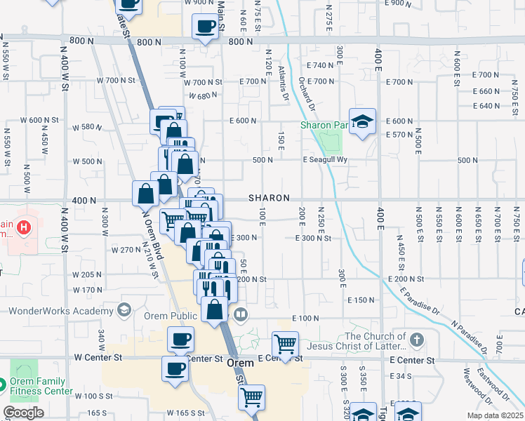 map of restaurants, bars, coffee shops, grocery stores, and more near 111 East 350 North Street in Orem