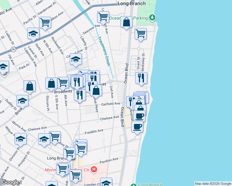 map of restaurants, bars, coffee shops, grocery stores, and more near 54 2nd Avenue in Long Branch